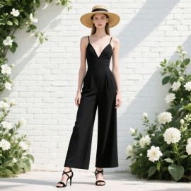 Black Deep V Neck Spaghetti Strap Wide Leg Jumpsuit - Elegant Summer Chic Women's Fashion