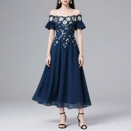 Navy Blue Off - Shoulder Embroidered Sequined Elegant Midi Dress