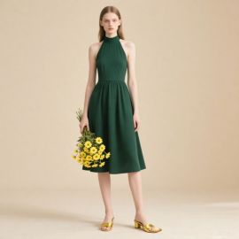 Elegant Emerald Green High Neck Sleeveless Midi Dress - Summer Chic Style