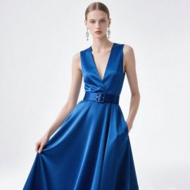 Elegant Blue Satin Deep V-Neck Sleeveless Belted Maxi Dress for Evening Events