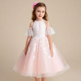 Charming Kids Pink Off-Shoulder Lace Dress with Floral Embroidery - Perfect for Parties & Special Occasions