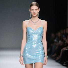Light Blue Sparkling Sequin Spaghetti Strap Mini Dress - Chic Party Fashion