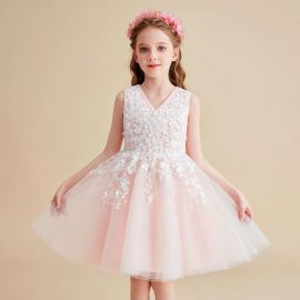 Kids Pink Lace Tulle Flower Girl Dress - Party Wedding Occasion Gown