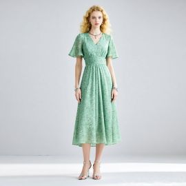 Stylish Green Floral Print Midi Dress with V-Neck & Cinched Waist - Summer Casual Elegance