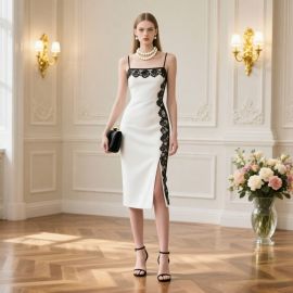 Elegant White Midi Dress with Black Lace Trim & Side Slit - Chic Formal Wear