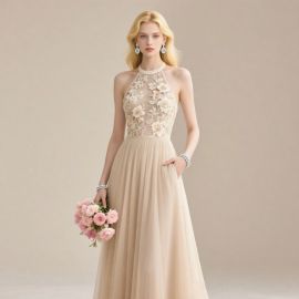 Elegant Halter Neck Floral Embroidered Tulle Maxi Dress - Perfect for Weddings & Formal Events