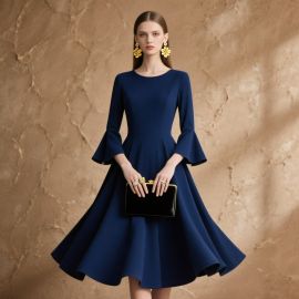 Elegant Navy Blue Midi Dress with Flared Bell Sleeves - Chic Party & Event Wear