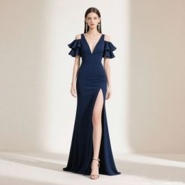 Elegant Navy Blue Off-Shoulder Mermaid Gown with Ruffled Sleeves & High Slit - Evening Dress