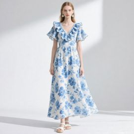 Blue & White Floral Print Maxi Dress with Ruffled Details - Summer Bohemian Style