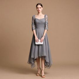 Elegant Gray Dress with Lace Sleeves & Asymmetrical Hem - Formal Occasion Ready