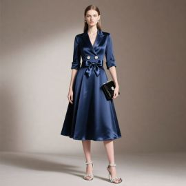 Elegant Navy Satin Midi Dress with Lapel Collar & Bow Belt