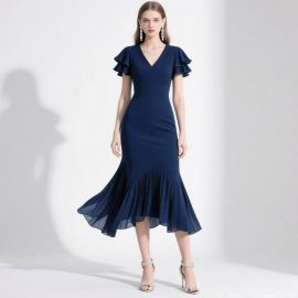 Navy Blue V-Neck Ruffled Sleeve Mermaid Hem Midi Dress