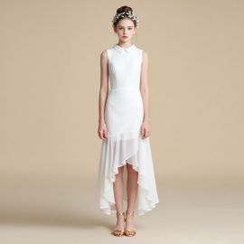 Elegant White Sleeveless High - Low Dress with Collar for Girls