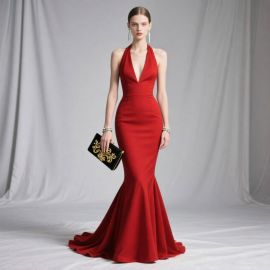 Elegant Red Mermaid Evening Dress - Halter Neck & Deep V-Neck Design