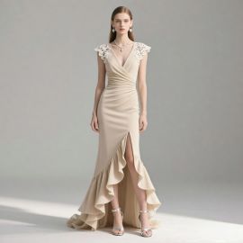 Elegant Lace Shoulder V-Neck High-Low Hem Evening Gown - Chic Formal Dress