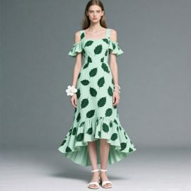 Off - Shoulder Ruffled Leaf Print High - Low Midi Dress