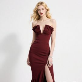 Elegant Burgundy Strapless Mermaid Gown with Ruffled Bodice & High Slit - Evening Dress
