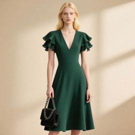 Elegant Emerald Green V - Neck Ruffled Sleeve A - Line Midi Dress
