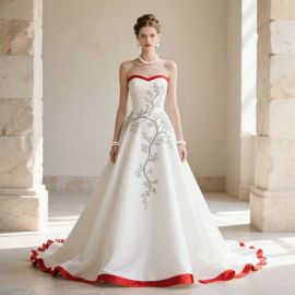 Elegant Strapless Wedding Dress with Red Trim & Floral Embroidery - Bridal Gown
