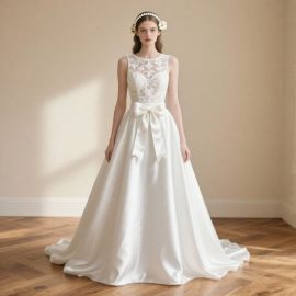 Elegant Lace & Satin A-Line Wedding Dress with Oversized Bowknot
