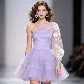 Lavender One - Shoulder Prom Dress with Floral Appliqué & Tiered Tulle Skirt