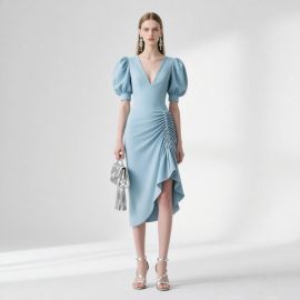 Light Blue V-Neck Puff Sleeve Asymmetrical Ruched Midi Dress