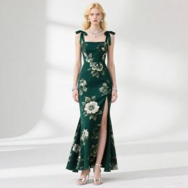 Emerald Green Floral Print Mermaid Gown - Square Neck Bow Straps & High Slit Evening Dress