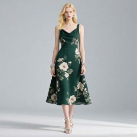 Emerald Green Floral Print Cowl Neck Midi Dress - Elegant Summer Style
