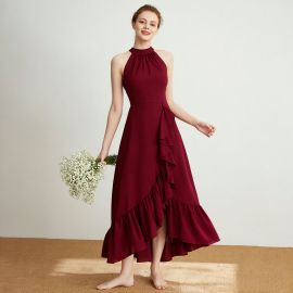 Burgundy High Neck Halter Asymmetric Ruffle Maxi Dress