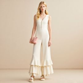 Elegant White Sleeveless Jumpsuit: V-Neck Button Front & Tiered Ruffle Hem Pantsuit
