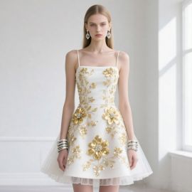 Chic White Mini Dress with Gold Floral Embroidery - Elegant & Luxurious Design