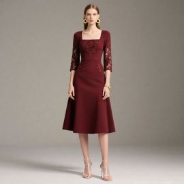 Burgundy Lace Midi Dress: Square Neck, 3/4 Sleeves, Elegant Floral Embroidery