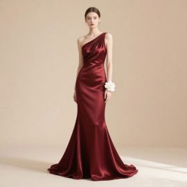 Burgundy One - Shoulder Satin Mermaid Evening Gown for Formal Events