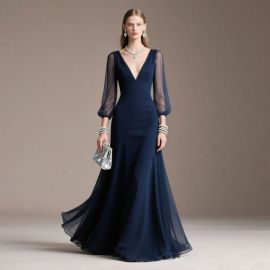 Elegant Navy Blue Evening Gown: Sheer Long Sleeves, Deep V-Neck, Flowy Silhouette for Formal Events