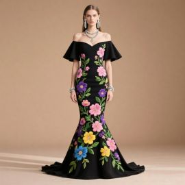 Off - Shoulder Flared Sleeve Floral Embroidered Mermaid Evening Gown