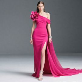 Elegant Fuchsia One - Shoulder Gown with Large Floral Detail & High Slit Train