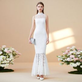 Elegant White Lace High-Neck Sleeveless Mermaid Gown - Chic Evening Dress for Women