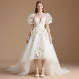 Elegant Wedding Dress: Puff Sleeves, Deep V-Neck & Floral Embroidery High-Low Hem