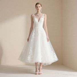 Elegant Deep V-Neck Lace Tea-Length Wedding Dress | Bridal Collection