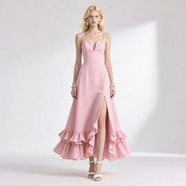 Pink Spaghetti Strap High-Low Ruffle Hem Evening Dress