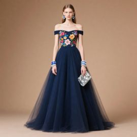 Stunning Off - Shoulder Navy Blue Tulle Evening Dress with Vibrant Floral Embroidery