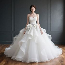 Elegant Strapless Ball Gown Wedding Dress with Layered Tulle & Floral Embellishments