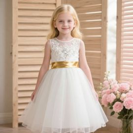 Elegant White Tulle Flower Girl Dress with Lace Appliqué & Gold Sash