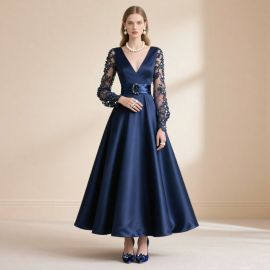 Elegant Navy Blue Satin Evening Dress with Lace Long Sleeves & V-Neck