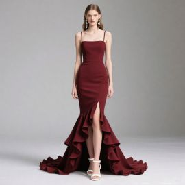 Burgundy Spaghetti Strap Mermaid Gown with High Slit & Ruffled Train - Elegant Evening Dress