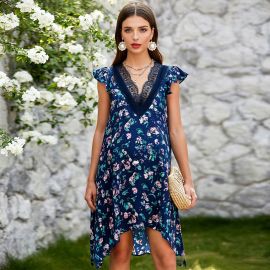 Elegant Maternity Floral Dress - Lace V-Neck Asymmetrical Hem Summer Style