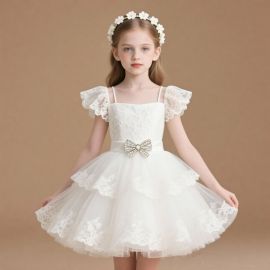 Girls White Lace Princess Dress with Bowknot & Tulle Skirt for Weddings/Parties