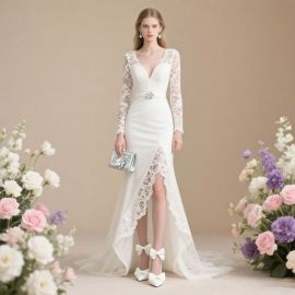Elegant White Lace Wedding Dress: Long Sleeves, Deep V-Neck, High Slit Train
