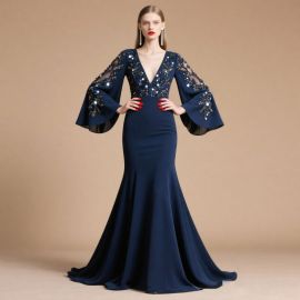 Stunning Navy Blue Sequined Flared Sleeve Mermaid Evening Gown
