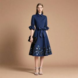 Navy Blue Puff Sleeve Dress with Bow Belt & Sequined Hem - Elegant Midi Dress for Parties